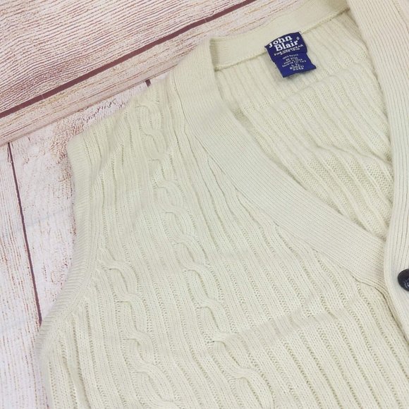 John Blair Men Cable Knit Sleeveless Sweater Vest Button Front 2 Pockets Cream L - Picture 5 of 12